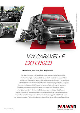 Ein Flyer zum VW New Caravelle, auf dem im oberen Bereich Bilder sind und unten Text.