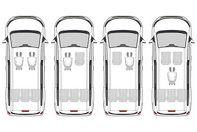 Eine gezeichnete Ansicht, von vier gleichen Fahrzeugen, aus der Vogelperspektive. Man sieht nur die Umrisse des Autos, bzw. die Sitze im Innenraum die bei den vier Bildern unterschiedlich sind. Von Links nach rechts: 1. Vorne (Fahrersitz, Beifahrersitz) Rollstuhl, hinten Heck Bank mit 3 Plätzen. 2. Vorne Fahrersitz Rollstuhl, Beifahrersitz normaler Sitz und Heck Bank mit 3 Plätzen. 3. Genau andersrum wie 2., Fahrersitz normaler Sitz und Beifahrersitz Rollstuhl, hinten gleich. 4. Vorne beides normaler Sitz, Rollstuhl einzeln Mittig und zusätzlich Heck Bank mit 3 Plätzen.