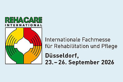 Messebanner der Rehacare 2026. Links die Word Bild Marke von Rehacare und rechts steht "Internationale Fachmesse für Rehabilitation und Pflege, Düsseldorf, 23 - 26.September 2026".