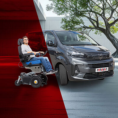 Vor dem Paravan Firmengebäude steht ein neuer Peugeot Traveller in schwarz-metallic die Front des Fahrzeugs zeigt nach rechts mit der Beifahrerseite