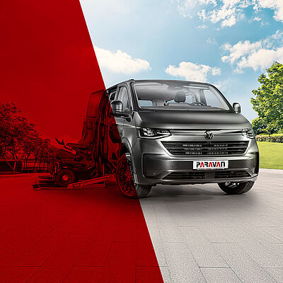 Ein Keyvisual des neuen VW New Caravelle im Quadrat Format, bei dem man das Auto sieht und unser rotes durchsichtiges A-Visual.