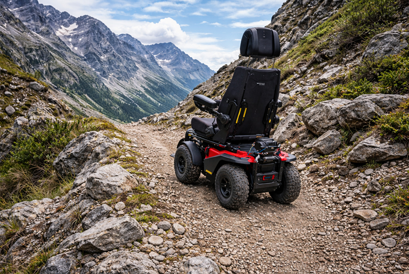 Ein PR4X auf einem geschotterten Wanderweg in den Bergen, bei Sonnenschein.