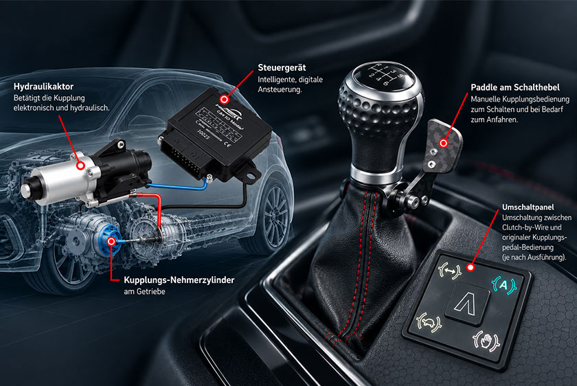 Schematische Darstellung des Clutch-by-Wire-Systems mit Hydraulikaktor, Steuergerät, Paddle am Schalthebel und Bedienteil