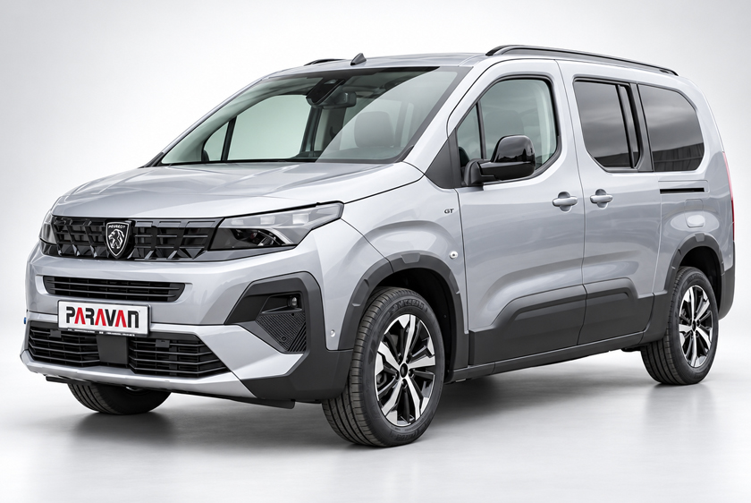 Silberner PARAVAN Peugeot Rifter GT in schräger Frontansicht.