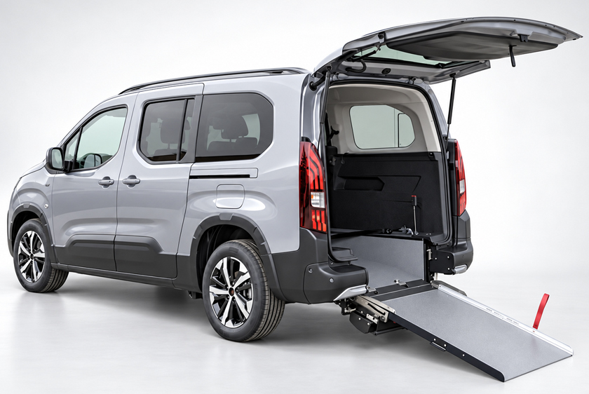 Heckansicht des PARAVAN Peugeot Rifter GT mit geöffneter Heckklappe und ausgeklappter Rollstuhlrampe.